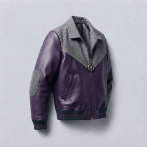 Blouson bomber en PU violet pour homme, col rabattu, fermeture éclair, style décontracté, vêtement d'automne - Product Image 3