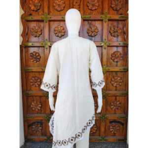 เสื้อทูนิคผ้าฝ้ายสไตล์โบฮีเมียนแบบลำลองพรีเมียม ทรงเอซิมเมตริก คอวี แขนยาว ลายพิมพ์บล็อก ปักลาย ระบายอากาศได้ดี เหมาะสำหรับฤดูใบไม้ผลิและฤดูร้อน - Product Image 3