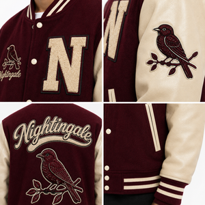 เสื้อแจ็คเก็ตเบสบอลแบบ Varsity ปักลายเชนิลล์ตามสั่ง ระบายอากาศได้ดีสำหรับฤดูหนาว พร้อมโลโก้ด้านหน้า แขนเสื้อหนังผสมขนสัตว์แบบกำหนดเอง - Product Image 5