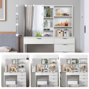 White Dressing <b>Table</b> Set with 6 Pumps 2 Shelves <b>Mirror</b> Cabinet Triamine Veneer 3 Tone Light Bulbs Makeup Vanities Model 19426681 - Product Image 6