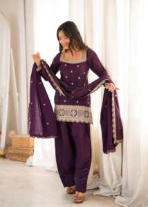 Designer Glass Roman Silk Fabric With Embroidery Sequence Dori And Jari Work <b>Top</b>, Dupatta Set With Farshi Salwar Ready To Wear - Product Image 3