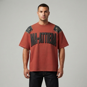 Men's Rust <b>Red</b> <b>Oversized</b> T <b>Shirt</b> 3D Graphic Print Denim Shoulder Detail Short Sleeve Streetwear Apparel Wholesale Casual - Product Image 1