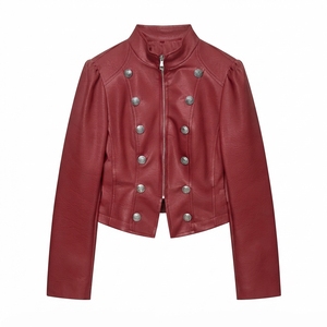 Blazer en cuir PU bleu à col montant, manches longues, fermeture éclair, boutons décoratifs, veste courte style automne pour femme - Product Image 4