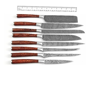 8 Piece Damascus steel <b>knife</b> <b>set</b> Handmade wood handle <b>knives</b> <b>Sharp</b> straight edge blades 6-7.9in carbon steel <b>knives</b> - Product Image 1