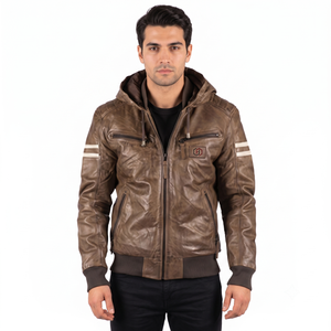 Blouson de motard unisexe en cuir marron enduit, écologique, décontracté, à capuche, avec fermeture éclair sur le devant et poignets côtelés - Product Image 1
