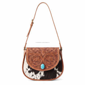 Cowgirl Brown Leather Crossbody Saddle <b>Bag</b> With Hair on Cowhide Panels Turquoise Stone And Floral Tooling Western Shoulder Purse - Product Image 2