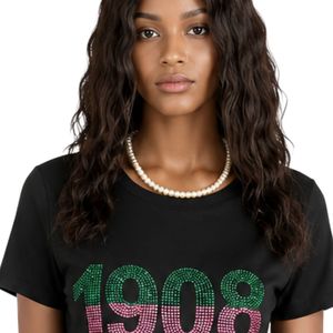 เสื้อยืดกราฟิก Black Rhinestone 1908 แขนสั้นสำหรับผู้หญิง เสื้อยืดลำลองผ้าฝ้าย แฟชั่นท็อป ประดับตัวอักษรวิบวับ สไตล์สตรีทแวร์สำหรับฤดูร้อน - Product Image 5