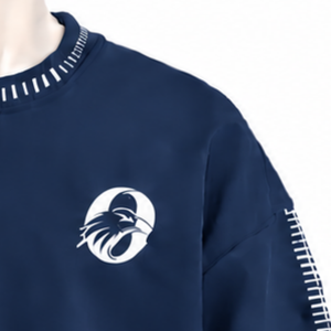 Mens <b>Navy</b> Blue Stitched Border Distressed Crewneck Sweatshirt Oversized Long Sleeve Pullover Vintage Streetwear Casual <b>Top</b> - Product Image 6