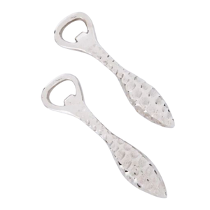 Juego de 2 abridores de botellas de acero inoxidable, acabado martillado pulido en plata antigua, abridor de cerveza de diseño metálico, accesorio para bar. - Product Image 1