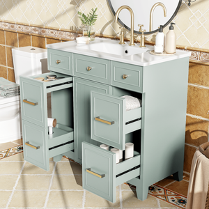 Mobile Bagno in Legno Massello Verde da 36 Pollici con Lavabo in Ceramica, Ante con Chiusura Ammortizzata, Ripiani Regolabili e 3 Cassetti (tra cui 2 Doppi) - Product Image 2