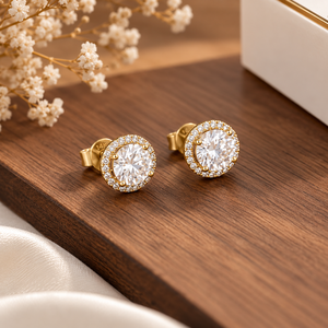 Boucles d'oreilles clous classiques de luxe Sambhav Jewels en argent sterling 925 massif avec halo de moissanite et serti à quatre griffes, idéales pour mariage - Product Image 2