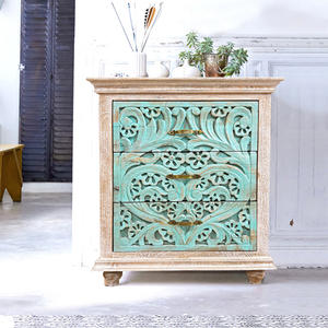 Commode orientale sculptée en bois massif indien turquoise finition naturelle, fabriquée à la main, pour la maison, le bureau ou la chambre à coucher, OEM - Product Image 1