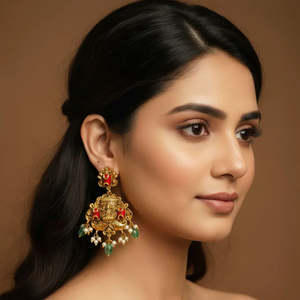 Vintage Gold Plated <b>Pearl</b> <b>Diamond</b> Drop <b>Earrings</b>-Ethnic Flower Chandbali with Oxidized Polish Nova Mart Brand for Wedding Gift - Product Image 2