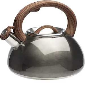 Polished Stainless Steel Kettle with Short Spout Wooden Handle Wooden <b>Lid</b> Knob Modern Rustic Handcrafted Durable Contemporary - Product Image 1