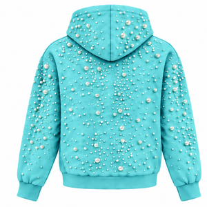 Sudadera con Capucha Casual Unisex de Forro Polar para Invierno, Color Azul Agua, con Cuentas de Perlas, Capucha con Cordón Ajustable y Bolsillo Tipo Canguro, para Mantener el Calor - Product Image 2