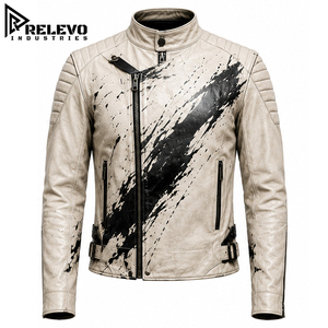 High Quality <b>Men</b> Off White and Black Paint Slash <b>Leather</b> Motorcycle <b>Jacket</b>, Streetwear Asymmetric Zipper Slim Fit Biker <b>Jacket</b> - Product Image 1