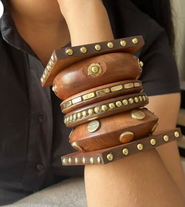 Minimalist Style Wooden bangle Set With Metal <b>Beads</b> Women's fashion accessory bangle beige bangle Solid round shape <b>bracelet</b> - Product Image 5