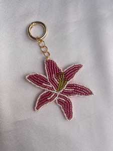 Pink Lily Seed Bead Flower Charm <b>Gold</b> Metal Clasp Handcrafted Beaded Floral Key Chain Leather Purse <b>Backpack</b> Accessories - Product Image 4