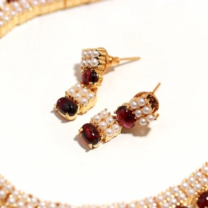 Hessonite Garnet Pearl <b>Necklace</b> Set 22K Gold Plated Oval Gemstone Bridal Jewelry Elegant <b>Necklace</b> for Women - Product Image 3