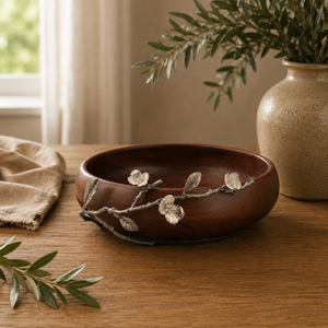 Bol à salade en bois artisanal de luxe avec élégante décoration florale en argent, bol à fruits décoratif en bois artisanal pour la table de la maison - Product Image 5