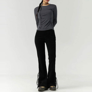 Pantalones de mujer negros de cintura media con parte delantera plana, acampanados, transpirables para invierno, 100% algodón, ecológicos, informales para oficina, servicio OEM, precio económico - Product Image 3
