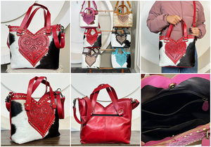 Premium Handcrafted Tooled Cowhide Leather Crossbody <b>Handbags</b> Cute <b>Red</b> Heart Shape Genuine Leather Large Capacity Tote Bags - Product Image 3