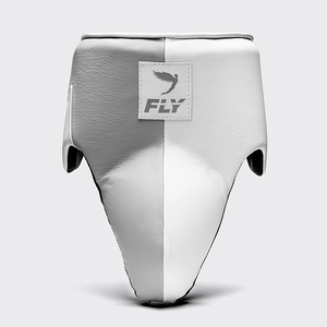 Protège-entrejambe de boxe Fly en cuir véritable, neuf, professionnel, avec fermeture à lacets, blanc et gris - Product Image 4