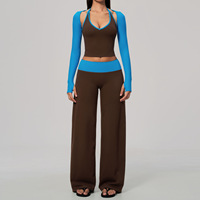 Nouvel Arrivage 2026 Ensemble de Yoga 3 Pièces pour Femme, Col en V Halter, Blocs de Couleurs, Taille Haute, Effet Ventre Plat, Manches Longues, Tenue de Sport et d'Entraînement