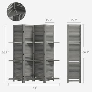 Divisorio per Stanza in Legno a 4 Pannelli, Alto 67 Pollici, Portatile, con 3 Ripiani Espositivi Pieghevoli per Camera da Letto - Product Image 3