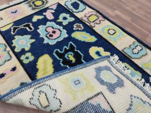 Alfombra de Lana Azul Pastel con Diseño Floral Estilo Oushak, Tejida a Mano, con Corte Tallado, Vintage, Hecha a Mano, Decorativa para Sala de Estar - Product Image 3