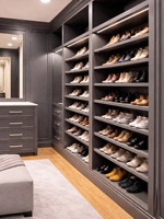 Lemari pakaian walk-in berbentuk U yang dapat disesuaikan, elegan, terbuat dari kayu, dengan laci, rak, dan gantungan baju untuk kamar tidur