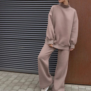Women's Solid Color Turtleneck Tracksuit <b>Set</b> Loose Fit Full Length Sweatshirt and Pants Casual Autumn Wear 100% Cotton - Product Image 1