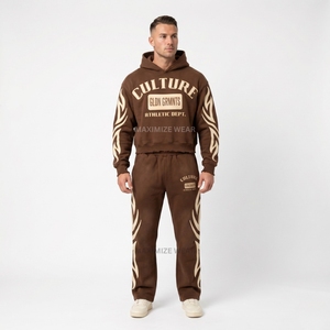 Custom Heavyweight Cotton Brown <b>Men</b> Tracksuit Streetwear Puff Print <b>Crop</b> Hoodie And Wide Leg Sweatpants Set Casual - Product Image 5