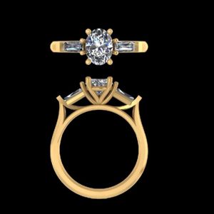 Elegante Anillo de Compromiso con Tres Diamantes Ovalados y Detalles de Baguette Cónicos en Oro Amarillo, Diseño Tradicional de Tres Piedras - Product Image 2