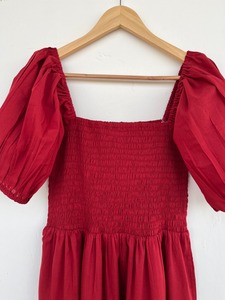 Women Burgundy Smocked Cotton Maxi Dress Square Neck Puff Sleeve Tiered Solid <b>Summer</b> Wholesale - Product Image 2