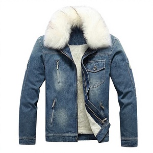 Men's Denim <b>Jacket</b> With Fur Collar Zipper Closure <b>Thick</b> Winter Casual Outwear Faux Fur Lining Washed Blue Coat - Product Image 2
