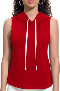 Camiseta sin Mangas con Capucha Roja para Mujer, con Bolsillos, Antiarrugas, Transpirable, Tejida, de Color Sólido, Estilo Casual, Ropa de Calle, para Verano - Product Image 3