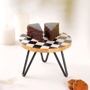 Wooden Cake Stand Round Dessert Display Rack Geometric Pattern Metal Legs Suitable for Party Wedding bakeries, cafés, restaurant - Product Image 4