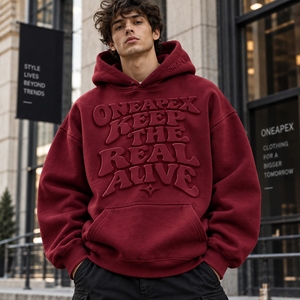 Sudadera con Capucha Oversize Roja para Hombre, Diseño con Logotipo en Relieve, Ropa Urbana, Venta al Por Mayor - Product Image 4