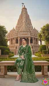 Ensemble Salwar Kameez ethnique indien en rayonne lourde avec broderie miroir en papier Nake et imprimé, accompagné d'un dupatta en coton - Product Image 3