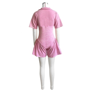 <b>Womens</b> Pink Short Sleeve Turn Down <b>Collar</b> Romper High Waist Solid Ruffle Playsuit Summer Sexy Club Jumpsuit - Product Image 2