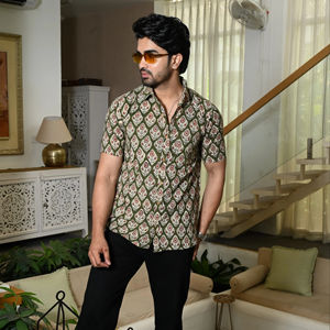 Camisa de Hombre Advik, de Algodón, con Estampado Floral Étnico Indio, Hecha a Mano, Lavable, de Longitud Regular, para Bodas de Verano, Completamente Cosida - Product Image 1