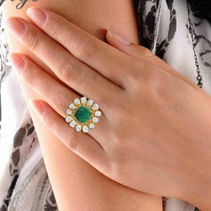 Craftsy Floral Diamond <b>Ring</b> Luxury 18K Yellow Gold Carved <b>Green</b> Emerald Floral Statement <b>Ring</b> with Polki Diamond Halo for Women - Product Image 2