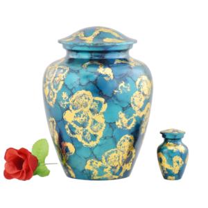 Exquisite Ocean Blue Marble <b>Urn</b> with Golden Abstract Swirls - Premium Handcrafted Metal Cremation Jar for Human Ashes - Product Image 1