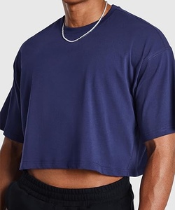 Camiseta Corta para Hombre, Cuello Redondo, Color Sólido, Informal, Tejida, Holgada, Transpirable, 100% Algodón, Azul Marino - Product Image 3