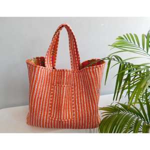 Bolsa de Mano a Rayas de Algodón Hecha a Mano con Cierre de Cremallera, Estilo Boho Indio, Bolsa de Compras Reutilizable de Rajasthan por SR Exports - Product Image 3