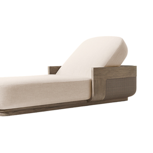 Chaise longue élégante en teck avec dossier bas réglable et détails en rotin tressé, lit de jour moderne pour l'extérieur, mobilier durable pour le bord de la piscine - Product Image 5