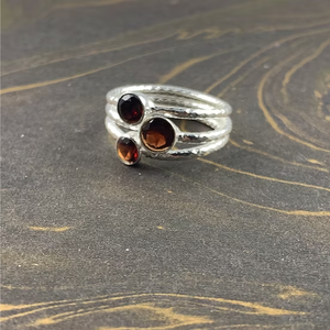 Solid 925 Sterling <b>Silver</b> Dainty Garnet Triple Band Cluster <b>Ring</b> - Polished Fine <b>Statement</b> Jewelry Everyday Wear & Gift - Product Image 2
