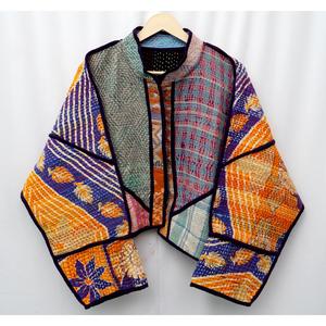 <b>ART</b>&<b>ART</b> Indian Handmade Vintage Kantha Jacket-Designer Boho Hippie Mandarin Collar Hand Quilted Patchwork 100% Cotton - Product Image 3
