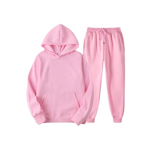 Conjunto de Sudadera con Capucha y Pantalones Rosa, Unisex, Casual, de Forro Polar, Color Sólido, Corte Regular, para Otoño, Poliéster/Algodón, Transpirable, de Secado Rápido - Product Image 1